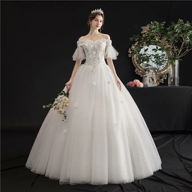 Свадебное платье Новинка 2022 года Бальное с вырезом лодочкой и открытыми плечами