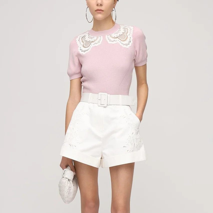 

Double Side Wearing Short PInk Knitted Shirt 2021 Summer Lace Collar Short Sleeve Bodycon Pullover Sweater Blusa Women Crop Tops