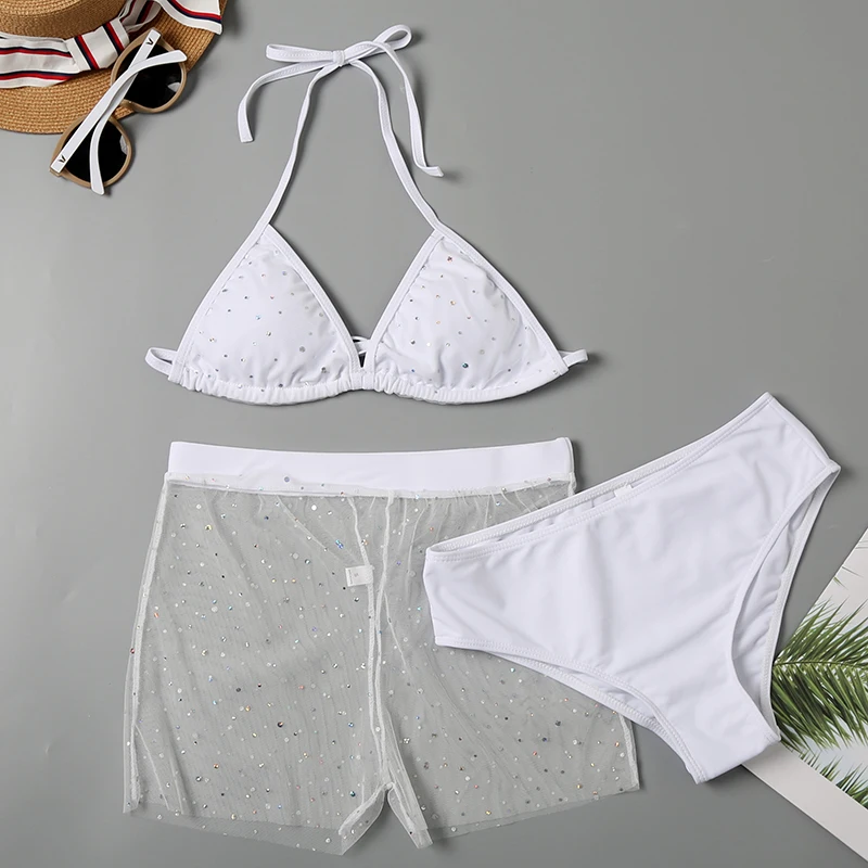 Женский сексуальный купальник с блестками бикини высокой талией и пуш-апом