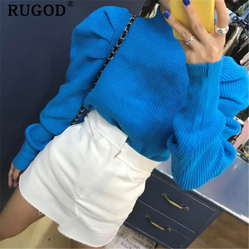 RUGOD винтажный однотонный вязаный женский свитер модный круглый вырез пышные