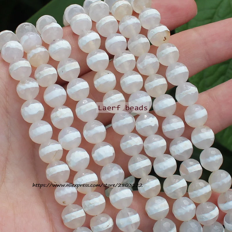 

Natural Faceted White 1Line Dzi Agate 8/10mm Round space beads, For DIY Necklace Bracelet Jewelry Making !