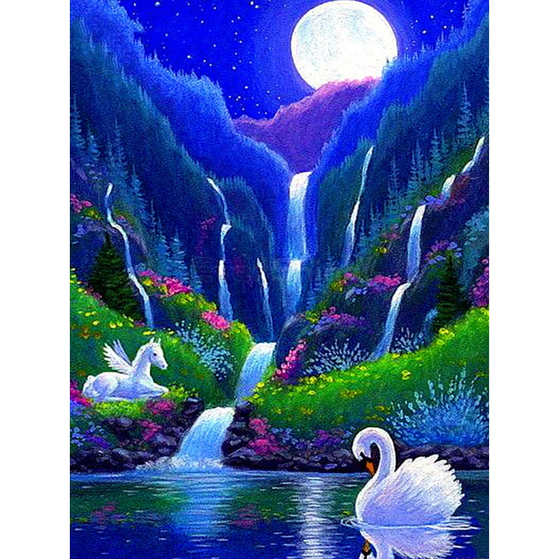 

5D Diamond Painting Landscape Picture Of Rhinestones Diamond Embroidery Swan Waterfall Cross Stitch Art Hobby Decor