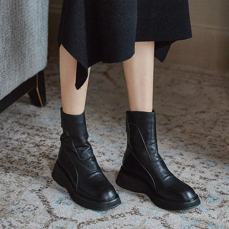 

COVIBESCO Vintage Female Back Zipper Autumn And Winter Shoes For Women Genuine Leather Thick Heels Boots Working Shoes Woman