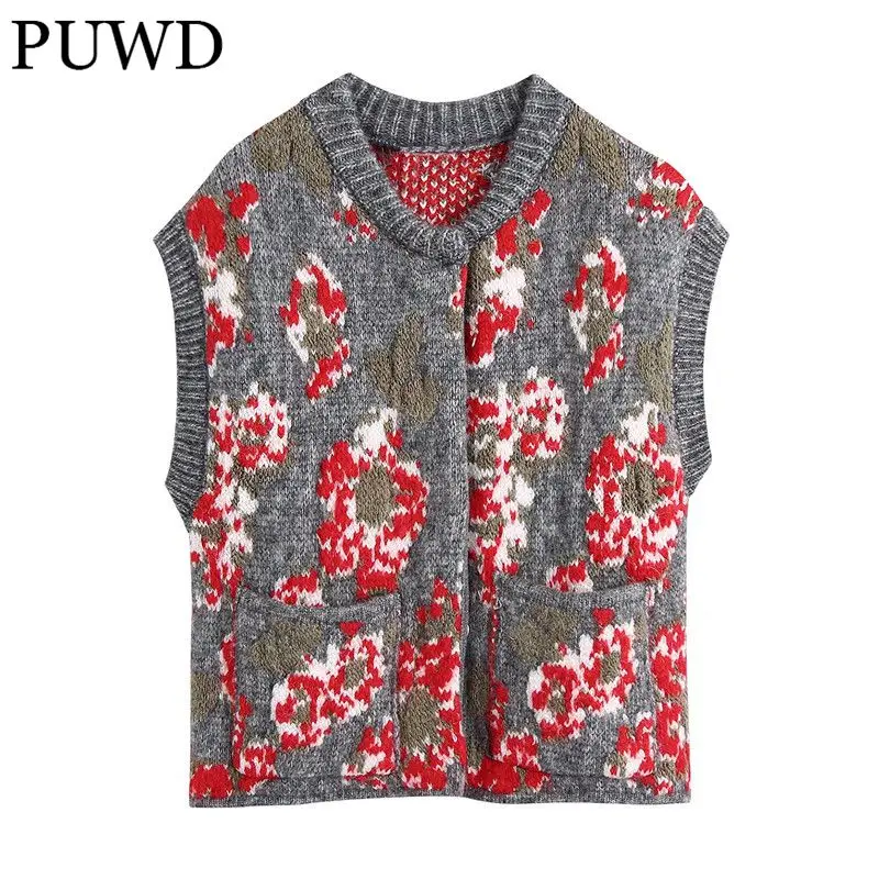 

Повседневный женский прямой Трикотажный жилет PUWD с V-образным вырезом Осень 2021 модный винтажный жилет в английском стиле Женский трикотажн...