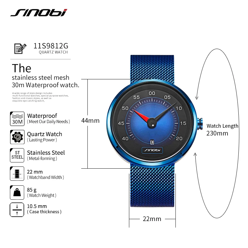 SINOBI Приборная панель автомобиля Синие Мужские часы модные скоростные Спортивные