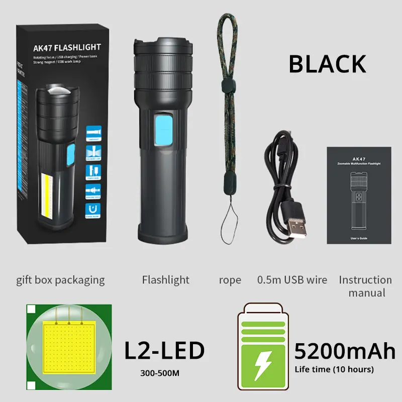 BLACK-L2-5200mAh Высококлассный светодиодный фонарь для кемпинга, мобильный фонарь с двойным боковым светом, перезаряжаемый супер яркий фонарь с магнитом - Испускаемый цвет: BLACK-L2-5200mAh