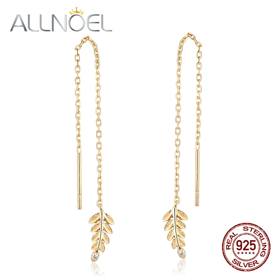 

ALLNOEL Real 925 Sterling Silver Zircon Threader Earrings For Women Olivine Leaf Gemstone Jewelry Valentine's Day Bijou Gift