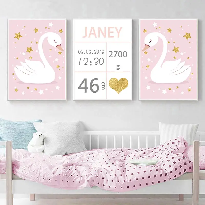 

Abstract Swan Pink Girls Wall Art Poster Star Heart Art Print Quotes Canvas Painting Nordic Pictures Baby Kids Room Home Decor