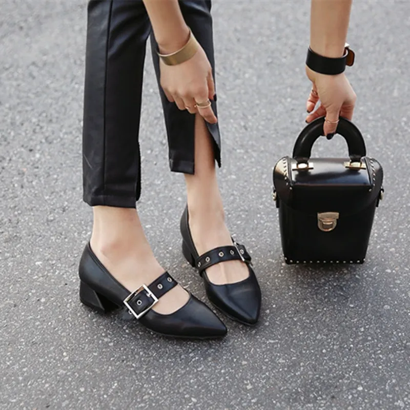 

4cm New Fashion Pointed Toe with Belt Block Heels Black Color Ladies Dress Shoes 41 42 43