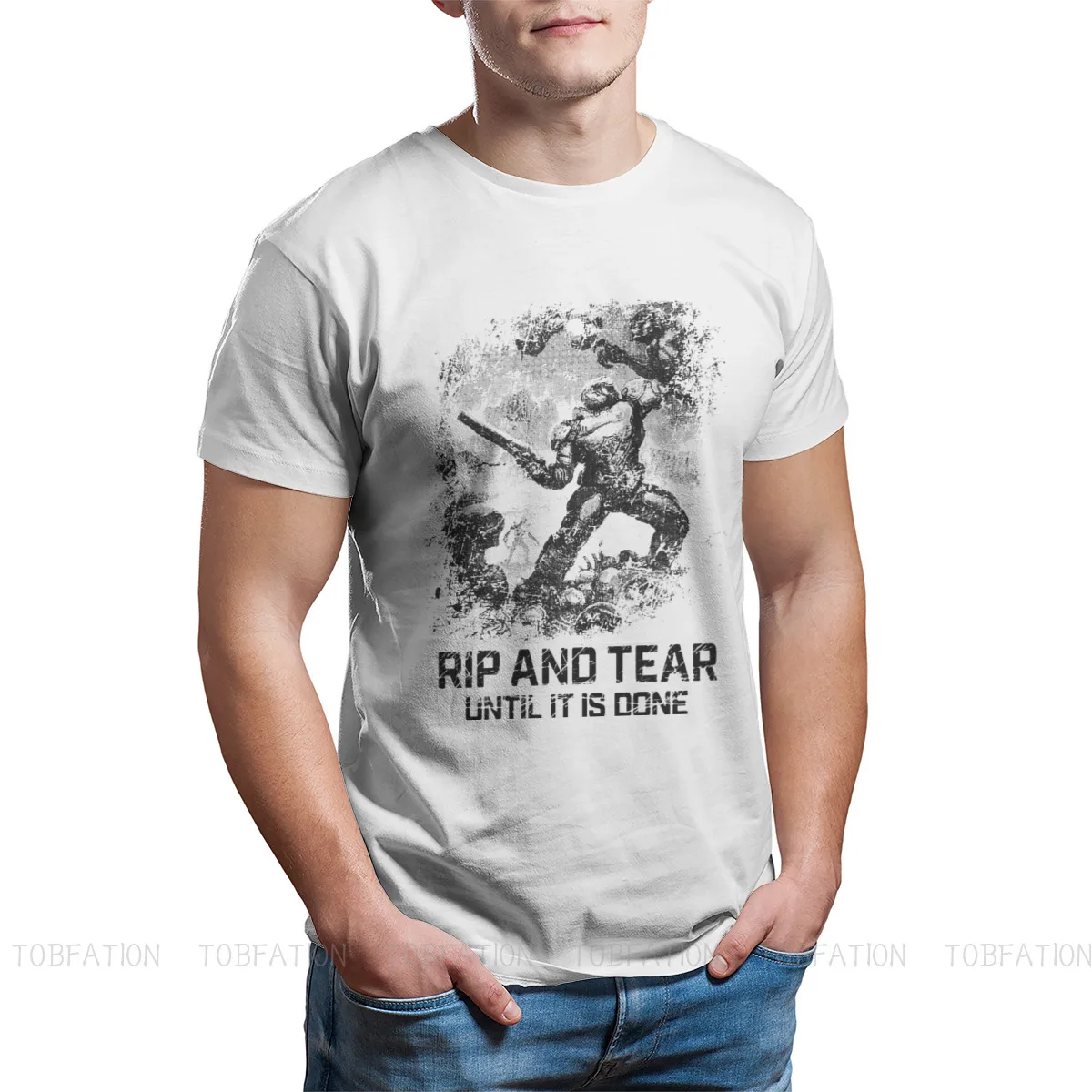 Rip and Tear Man's TShirt Doom Eternal Slayer Hell Doomguy Seraphim Game O Neck Short Sleeve Fabric T Shirt Humor Birthday Gifts