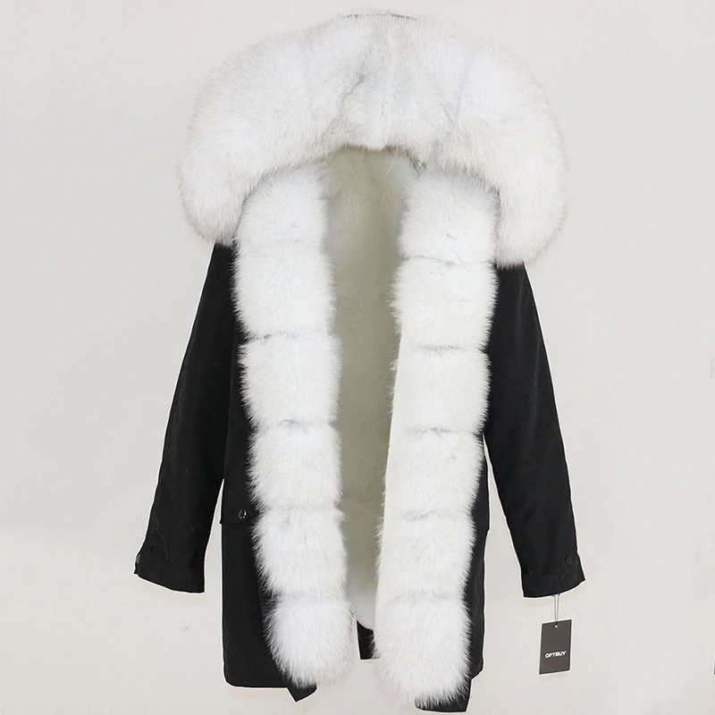 black white Женское пальто с натуральным мехом OFTBUY, чёрная куртка с воротником из натурального лисьего меха, водонепроницаемая длинная парка, теплая уличная верхняя одежда со съемным мехом для зимы - Цвет: black white
