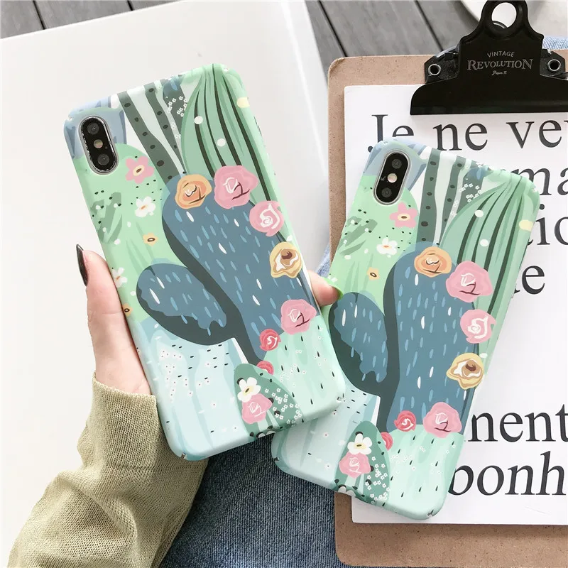 Hard PC Phone Case For iPhnoe 7 8 6 6s Plus Cactus Flower Leaf Cover For iPhone X XS Max XR Candy Color Full Cover Capa
