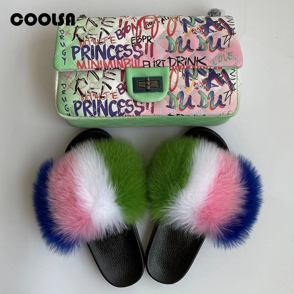 Женские меховые тапочки Комплект с сумкой Пушистые Шлепанцы из натурального