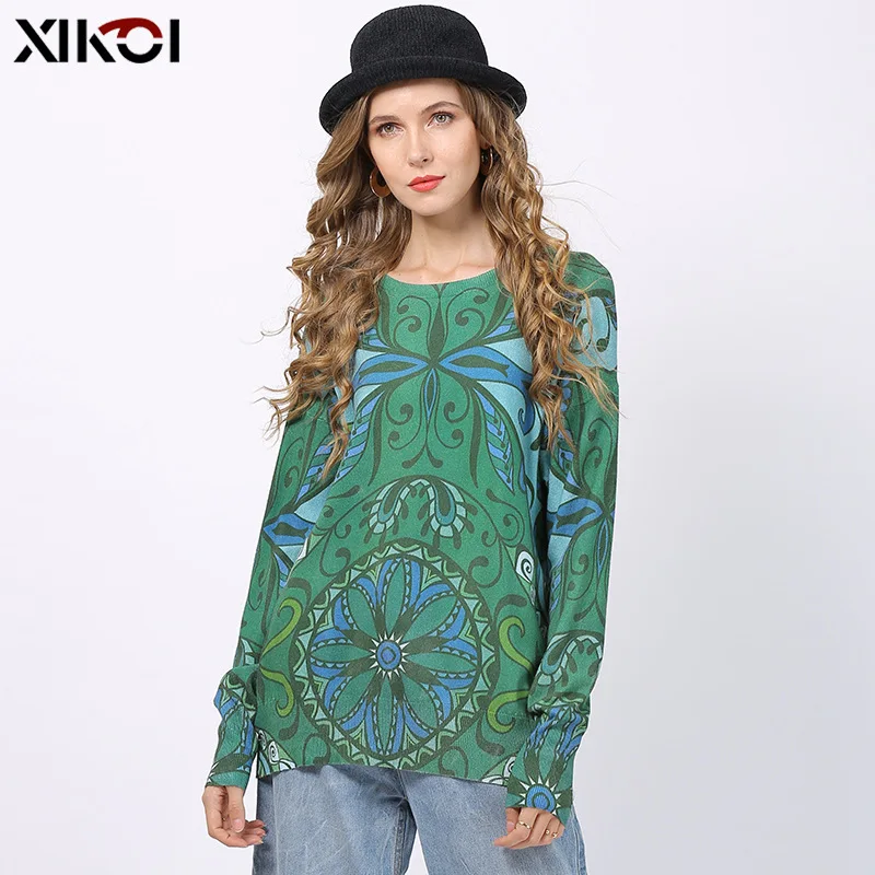 

Women's Autumn Printed Pullover Bohemian Sweater Top Long Sleeve Fashion Cotton Cardigan With Pockets