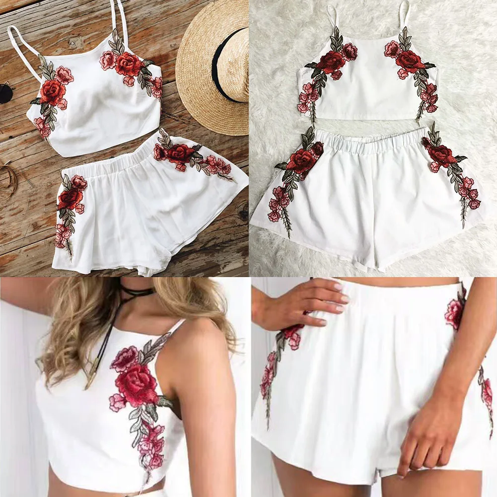 Повседневная женская летняя одежда комплект с вышитым цветочным жилетом