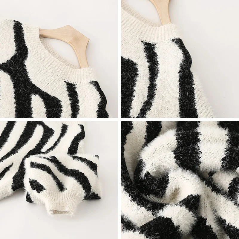 New zebra pattern sweater for winter 2020 women's net red lazy style Mohair medium long top knitted pullover | Женская одежда