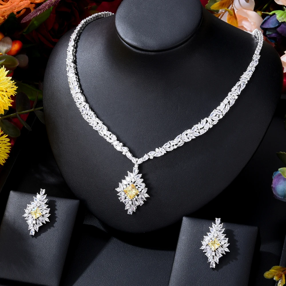 Siscathy Exquisite Luxury Cubic Zircon Necklace Earrings Jewelry Set For Women Fashion Crystal Party Celebration Fine Accessory