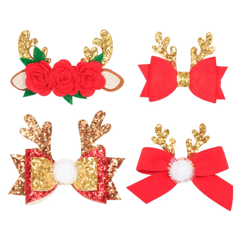 

Girls New Cute Elk Antlers Hair Clips Festival Style Sequins Hairpins Children Hair Accessories Christmas Gift Red Bow Hair Pin