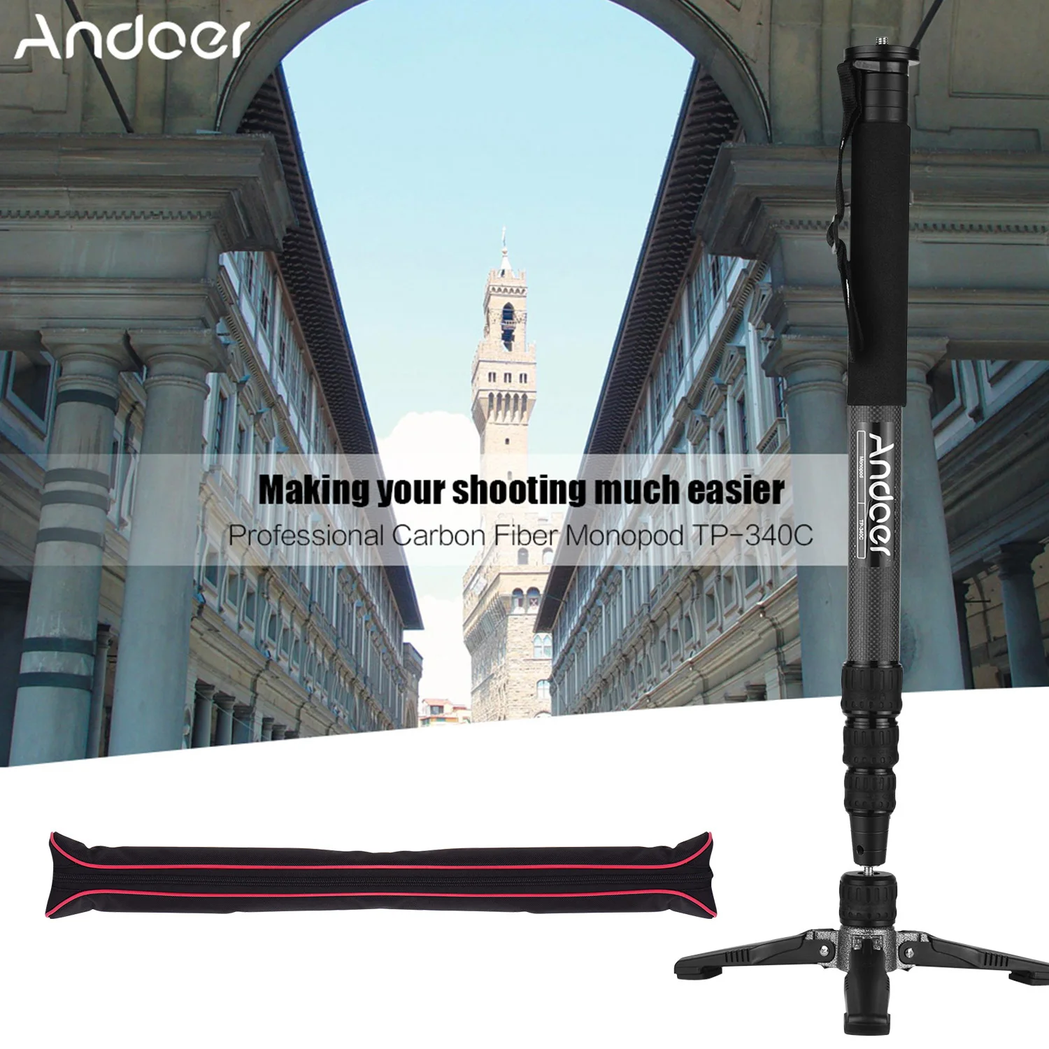 Портативный монопод Andoer для камеры из углеродного волокна диаметром 34 мм с тремя