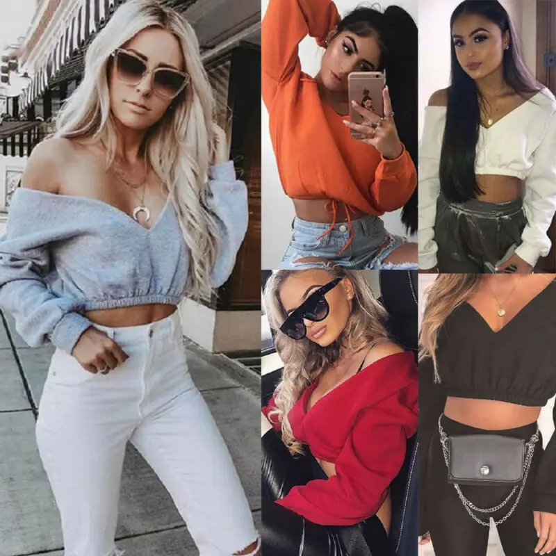 New Womens Tops Autumn Crop Hoodies Women Long Sleeve Deep-V Neck Top Off Shoulder Sweatshirts Sexy Casual Tops