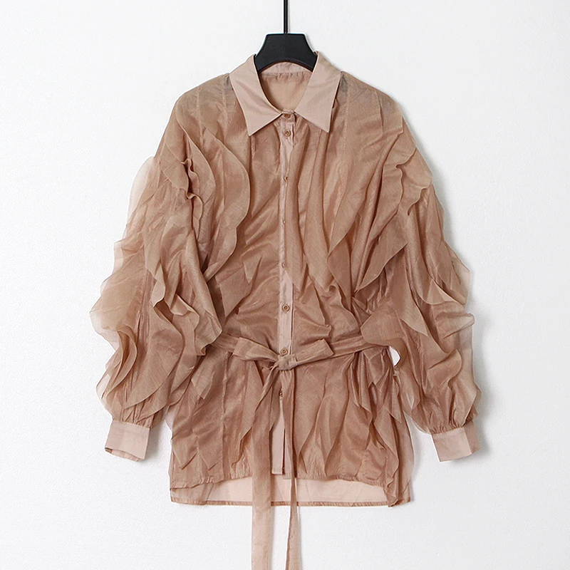 

TWOTWINSTYLE Patchwork Ruffle Thin Shirt For Women Lapel Long Sleeve Sashes Casual Loose Blouse Female Fashion New Spring 2021