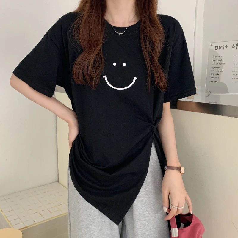 

4375 Korean version 2021 new loose mid-length large version twisted split printed short-sleeved T-shirt