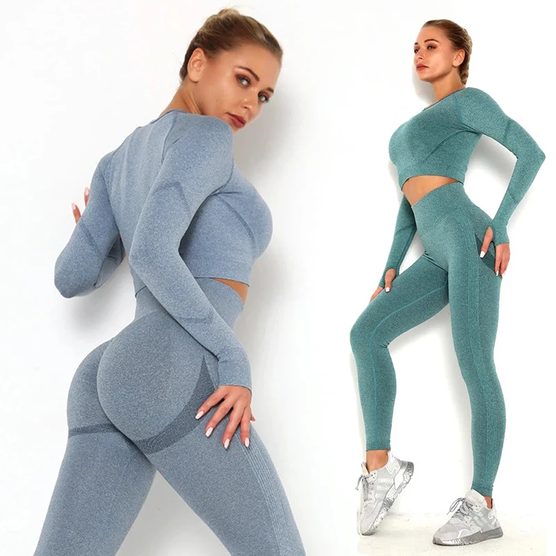 

Seamless Women's Tracksuit High Waist Yoga Set Sport Suit Workout Female Running Clothing Long Sleeve Crop Top Suit For Fitness