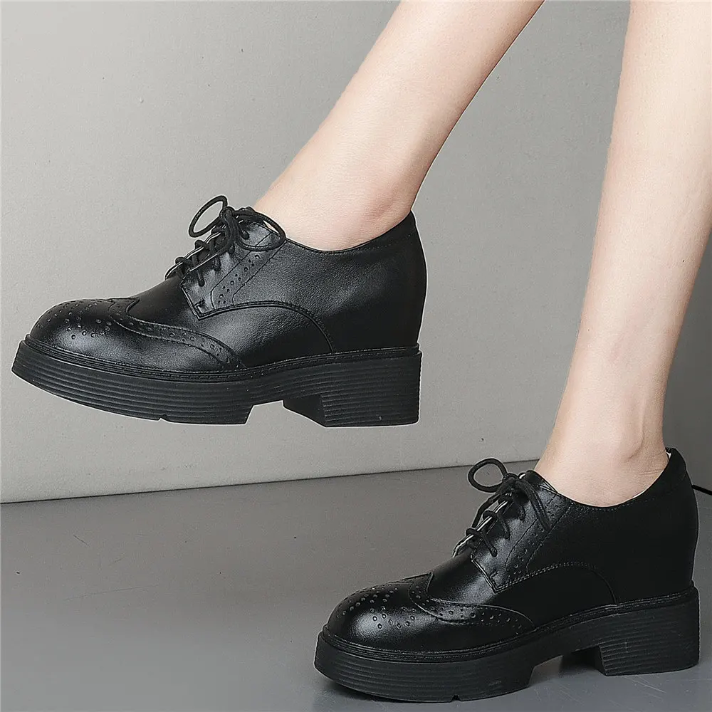 

2022 Increasing Height Creepers Women Lace Up Genuine Leather High Heel Ankle Boots Female Round Toe Platform Pumps Casual Shoes