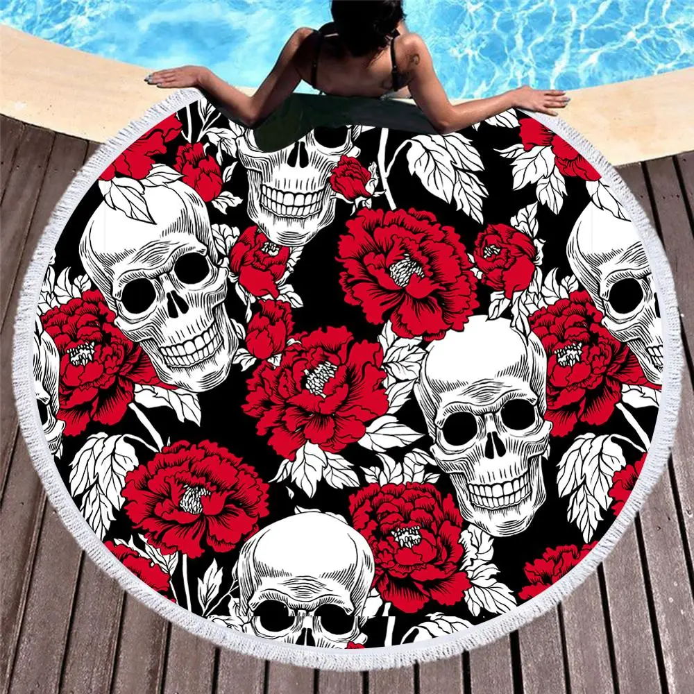 

Fashion Floral Skull Color Hippie Round Beach Towel With Tassel Microfiber Gothic Bath Towel Of Play Mat Yoga Mat Throw Blanket