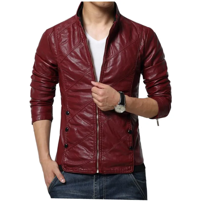 

Mens Stand Collar Slim Leather Jakcet 2020 Fashion PU Leather solid color Men Slim Fit Faux Leather Coats