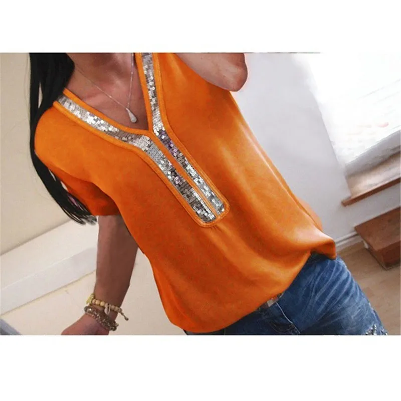 

Women Casual Sequins Stitching T-shirt Solid Color V-neck Women's Sequin Short-sleeved T-shirts Top Fashion Street Woman Tee 5XL