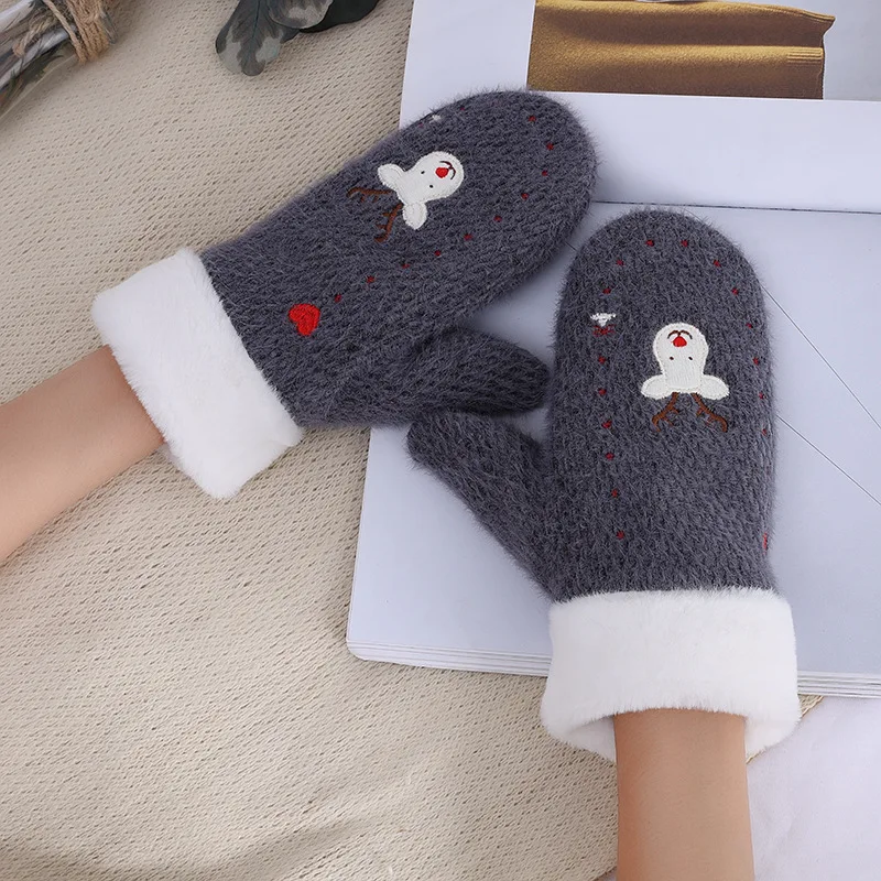 

Cute Embroidery Cartoons Elk Gloves Women Knitted Thicken Plus Velvet Gloves Wool Knit Cashmere Plush Warm Full Fingers