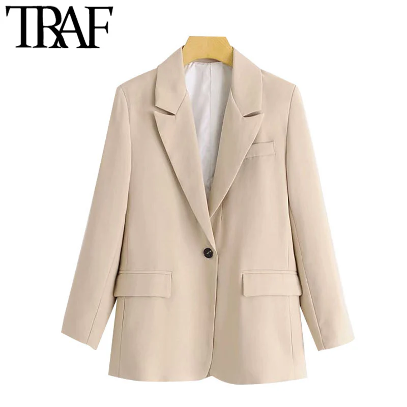 

Женский блейзер на одной пуговице TRAF, винтажный пиджак с длинным рукавом и карманами, верхняя одежда для офиса