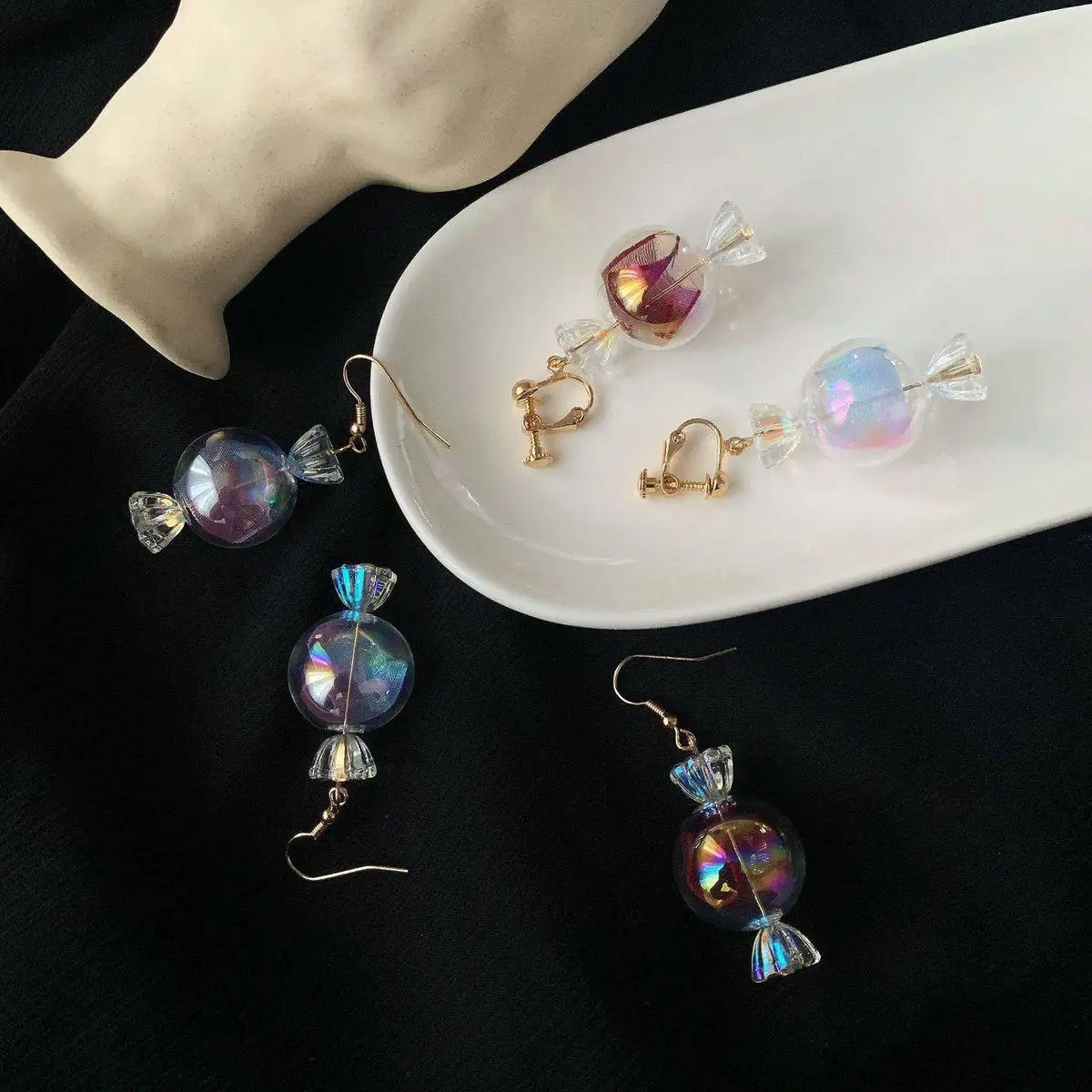

2021 New Fashion Trend Candy Lace Tassel Earring Cute Blue Pink Colorful Candy Earrings for Woman Ear Clip Jewelry wholesale