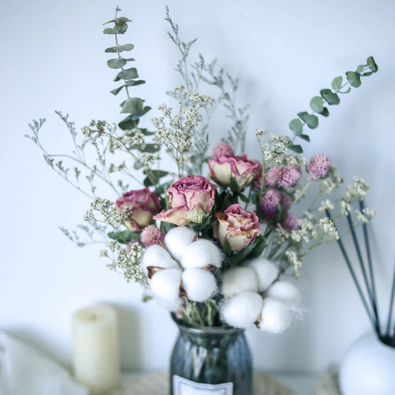 

Лучший Новогодний Свадебный домашний декор, сохраненные сушеные цветы, Микс розы, розовые хризантемы, лотос, эвкалипт, амарант, ваза Melaleuca