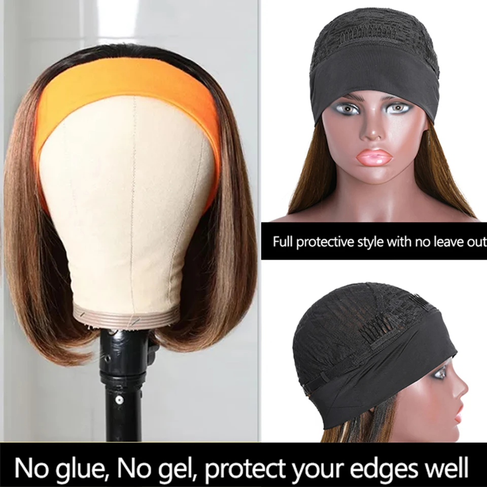 Short Bob Ombre Highlight 10-14 inches Headband Wigs 150% No Glueless T1B/412 Brazilian Straight Headband Hair Wig Sunber enlarge