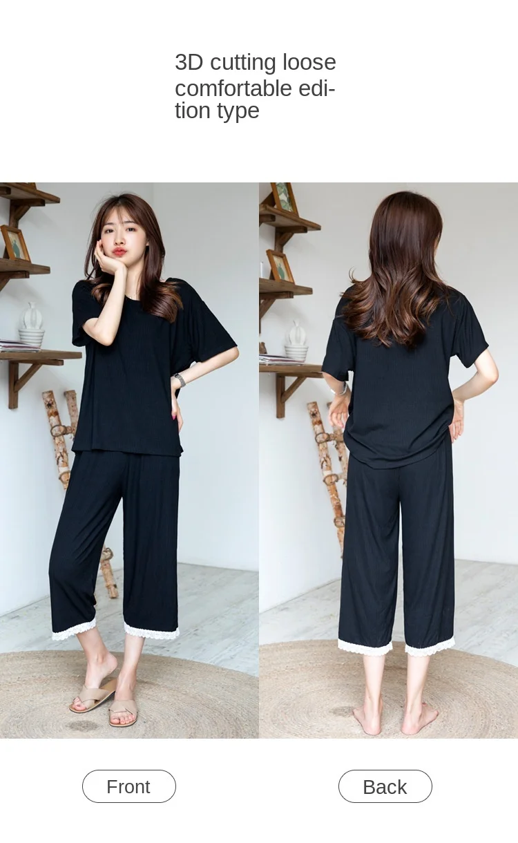 New Summer Pajamas Women's Short Sleeve Lace Edge Pure Color Cotton Home Clothes Spring Autumn Nightwear Leisure Suit Sleepwear