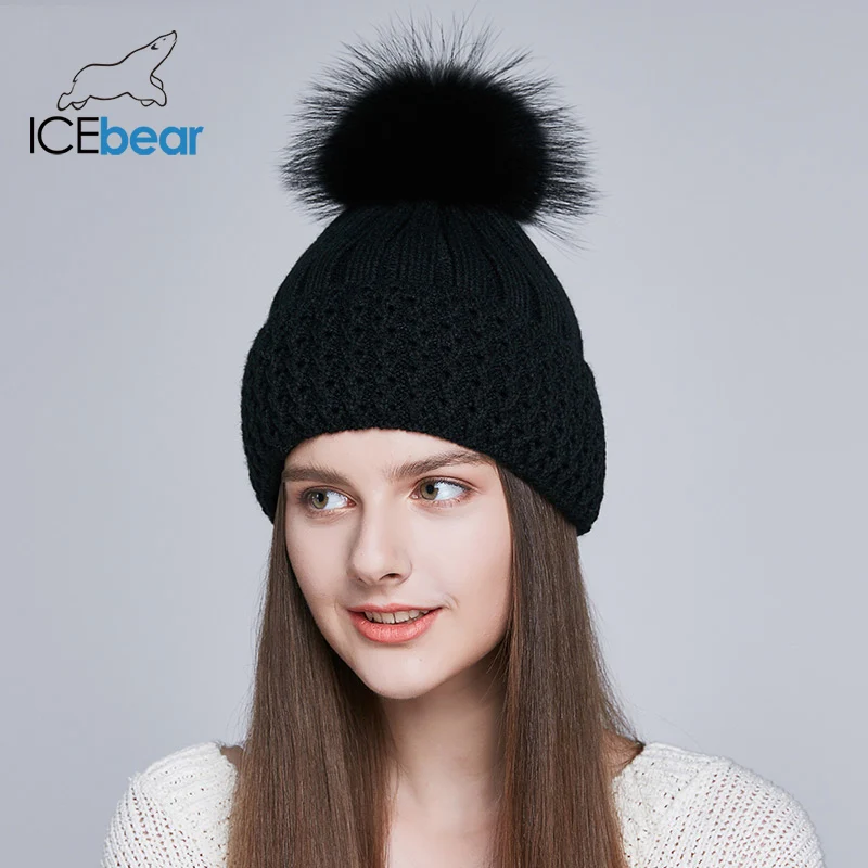 ICEbear женские шапки на осень и зиму с натуральным мехом лисы/енота, модные женские шапки с помпоном, E-MX18102Q - Цвет: 01A