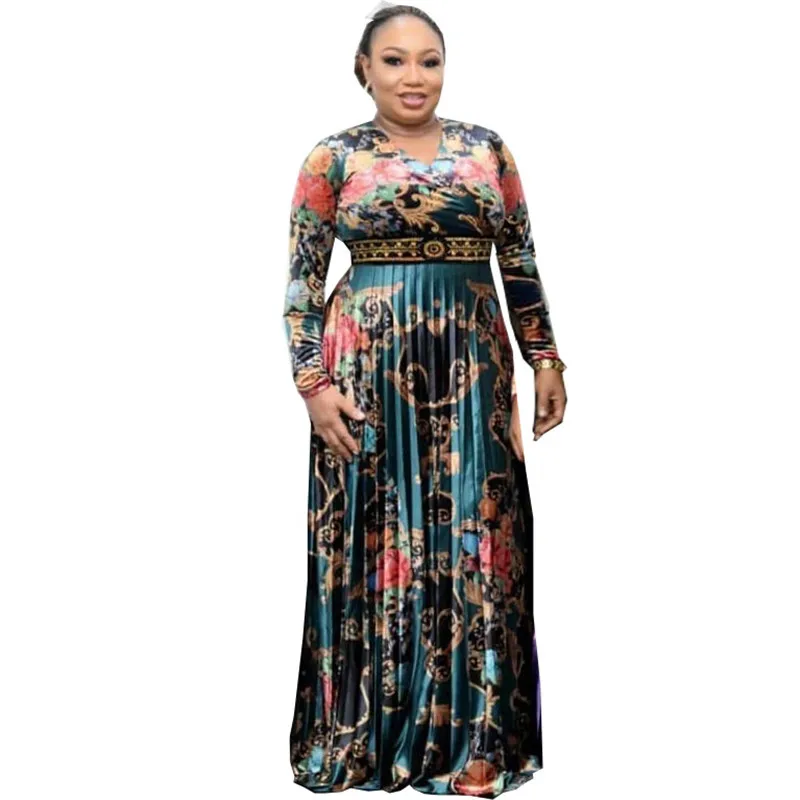 

HOUSEOFSD 2021 Fashion African Women Flower Print Long Sleeve Maxi Dress Spring Autumn Diamond Luxury Pleated Casual Dresses