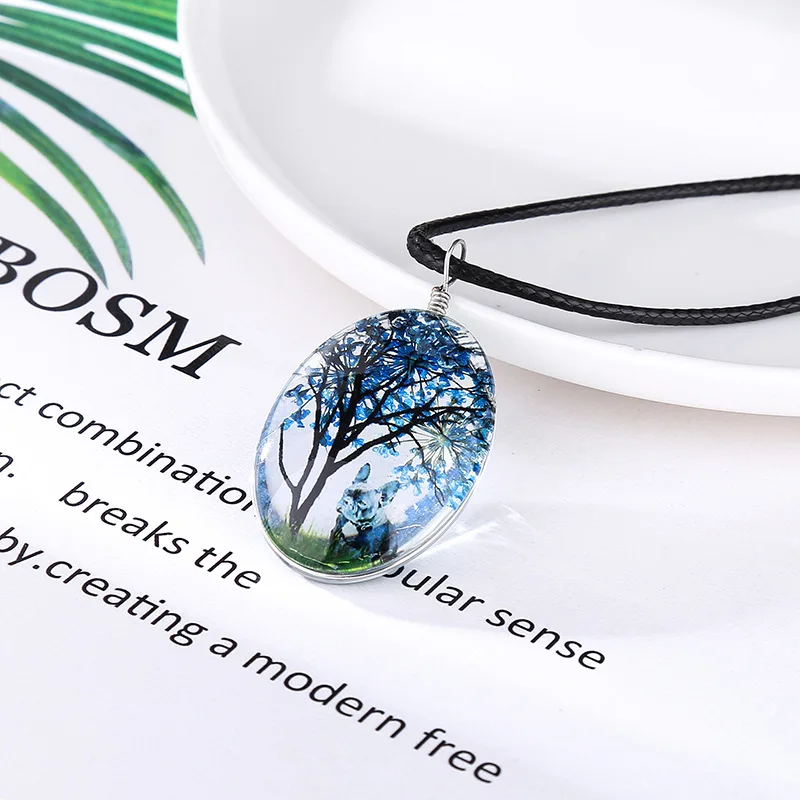 Креативное овальное сухое цветочное ожерелье с драгоценным камнем модное