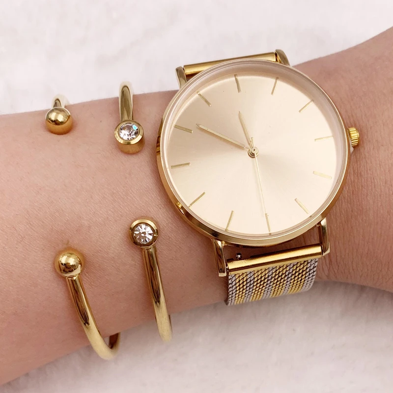 

Mavis Hare Gold WAHINE Watches Wristwatch Set with gold silver Electricity between color Stainless steel mesh bracelet Bands