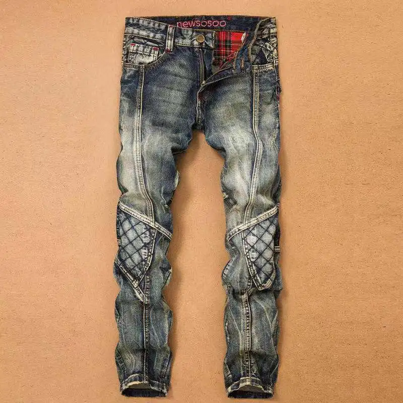 

Jeans men stitching denim trousers locomotive high quality men's straight casual designer hip-hop multi-pocket overalls