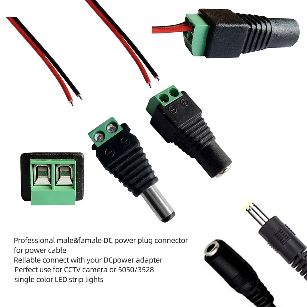 Female Male DC connector 5.5mm x 2.1mm DC Power Plug Adapter for 5050 3528 5060 Single Color LED Strip Light and CCTV Cameras