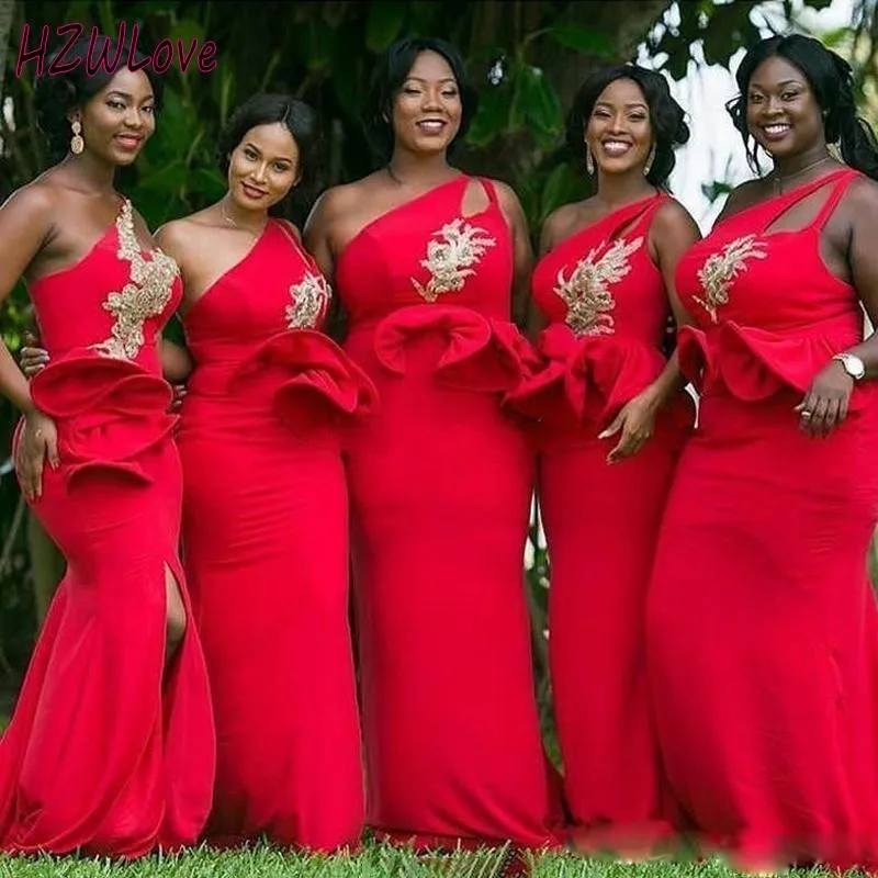 

Red Plus Size Bridesmaid Dresses Long Ruffles Appliques African Wedding Guest Dress Mermaid One Shoulder vestidos fiesta boda
