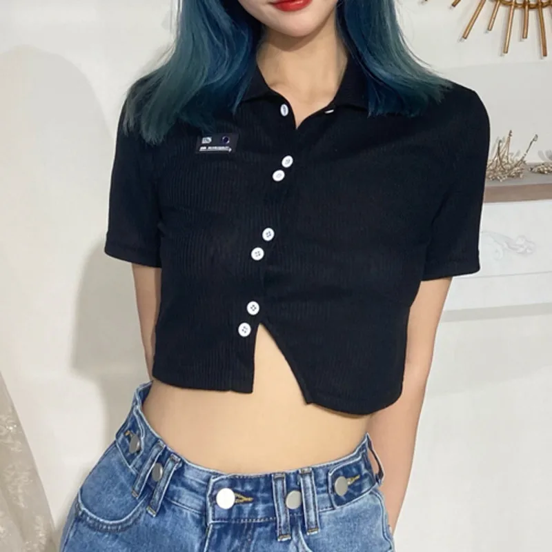 

XUXI 2021 Summer Women Short T-shirt Fashion Personality POLO-Collar Single-breasted Irregular Black Sexy T Shirt E2882
