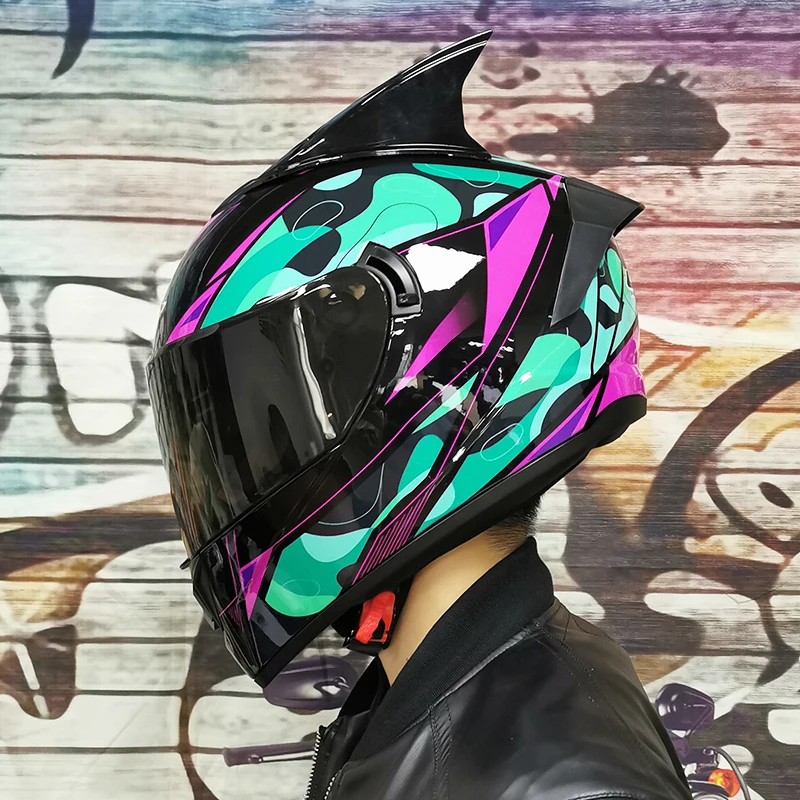 

Double Lens Helmet Motorcycle Removable Washable Lining Off Road Capacete Full Face Pink Monster Pattern Blue Visor with Corner