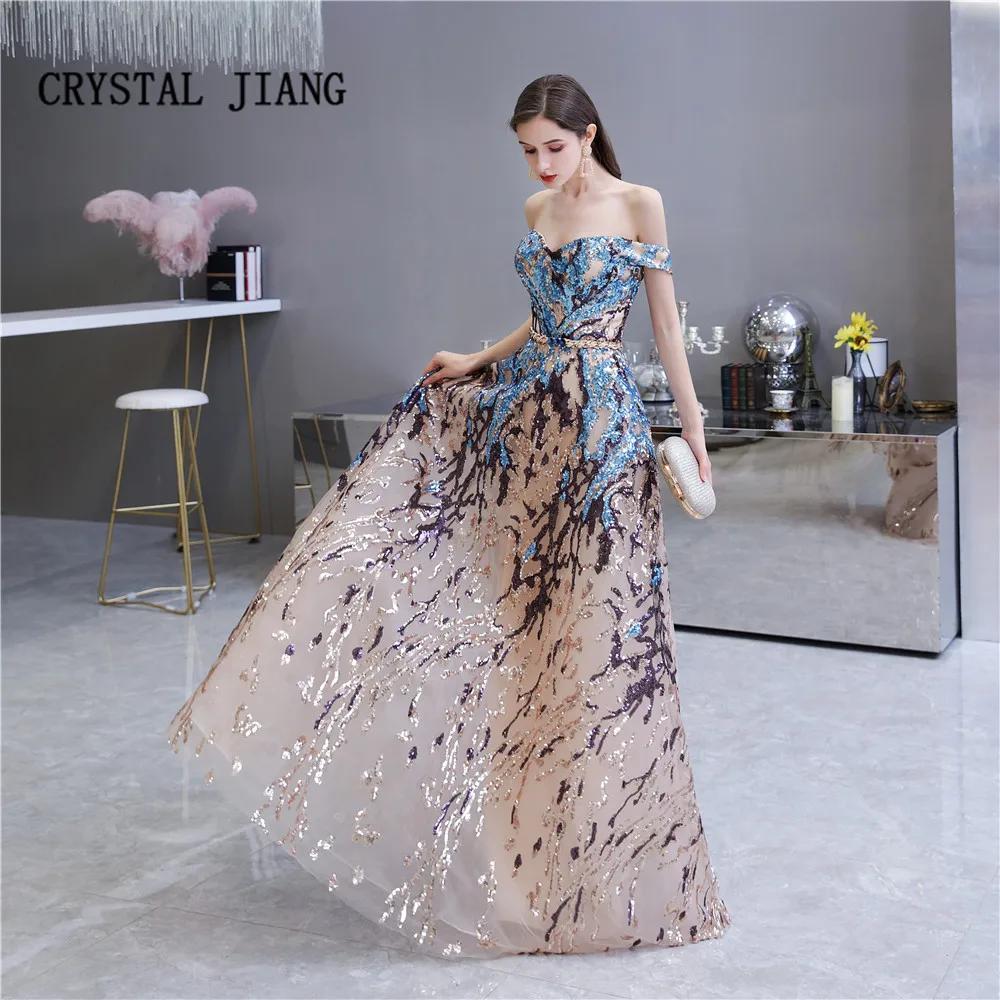 

Off the Shoulder Colorful Sequin Evening Dress Natural Waist Long Gown robe de soiree A Line Elegant Party Gown