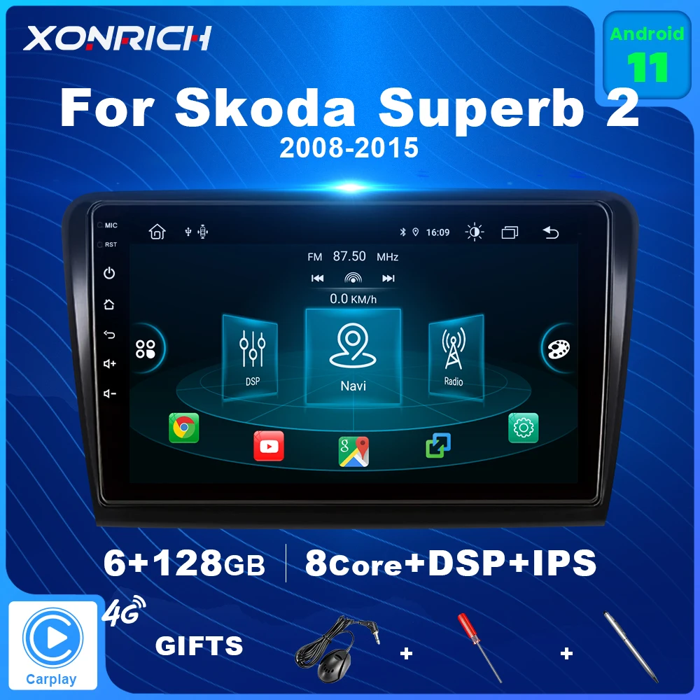 

6G 128G Carplay Android 11 Car Radio For Skoda Superb 2 2008-2015 2 Din DSP Multimedia AI Voice 8 Core GPS Autoradio 4G Wifi