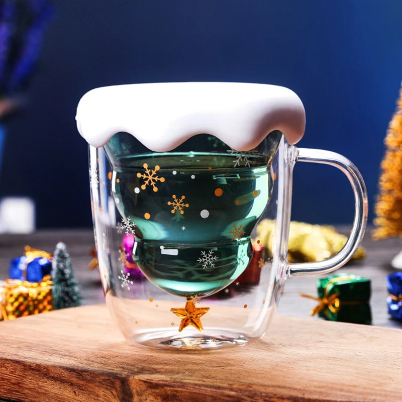 

300ML Christmas Tree Starry Sky Coffee Mug Double Layered Anti Scald Glass Thermal Insulation Breakfast Milk Cup Children's Gift