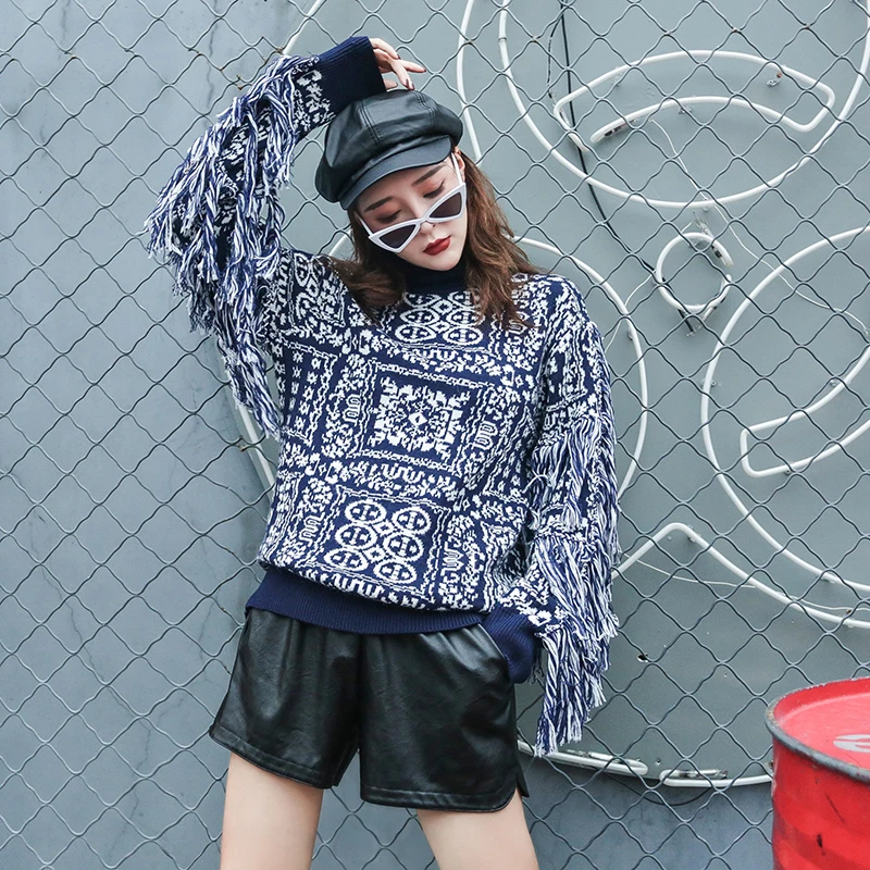 Женский трикотажный свитер с бахромой винтажный пуловер составного кроя высоким